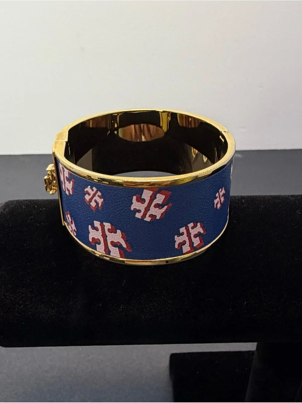 Tory Burch Gold-Tone Cuff Bracelet with Blue and Pink Motif